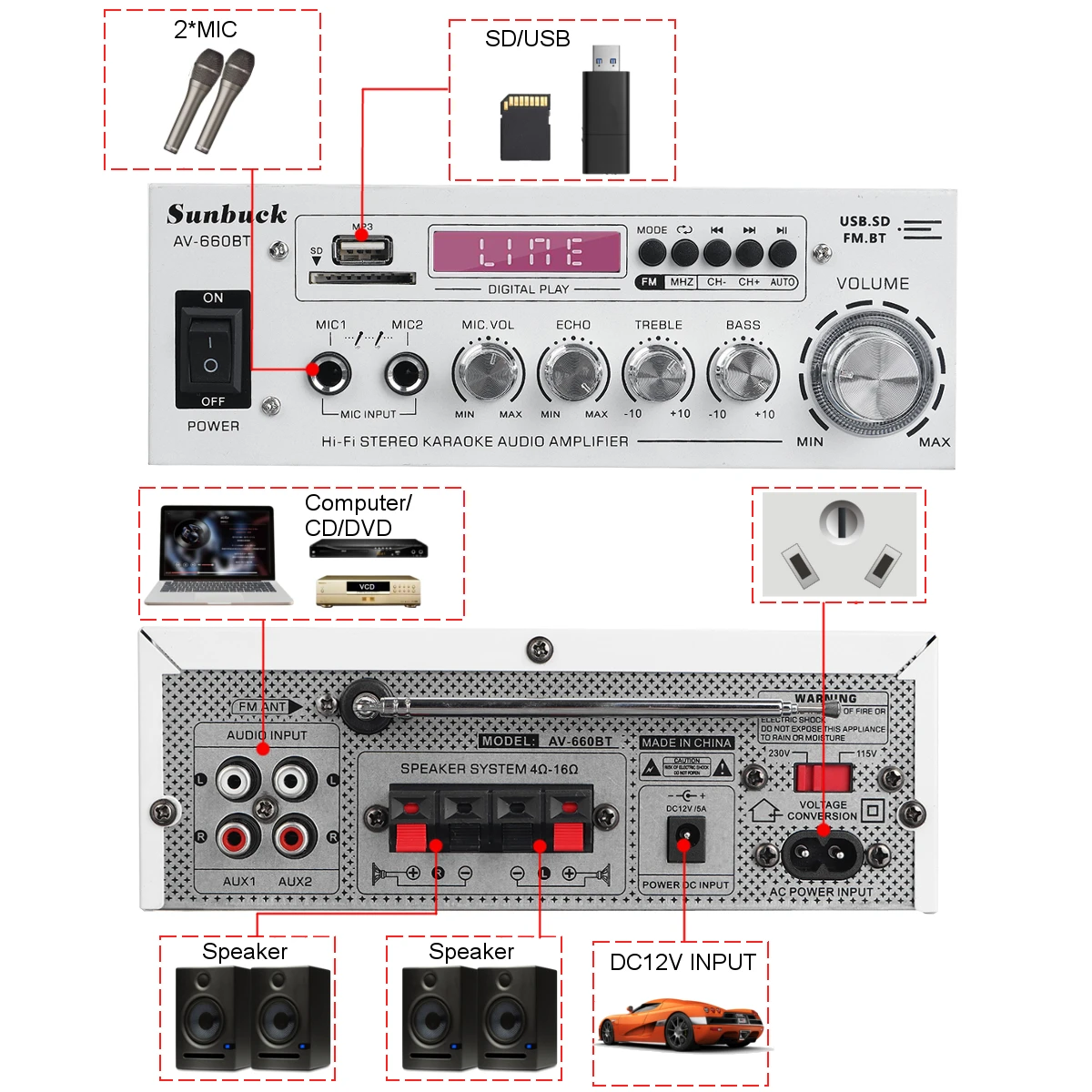 AMPLIFICADOR DE POTENCIA para coche, amplificadores de Audio para cine en casa de 2,0 canales, CC de 12V, 110V/220V, compatible con EQ, FM, SD, USB, 2 micrófonos, 5,0, bluetooth