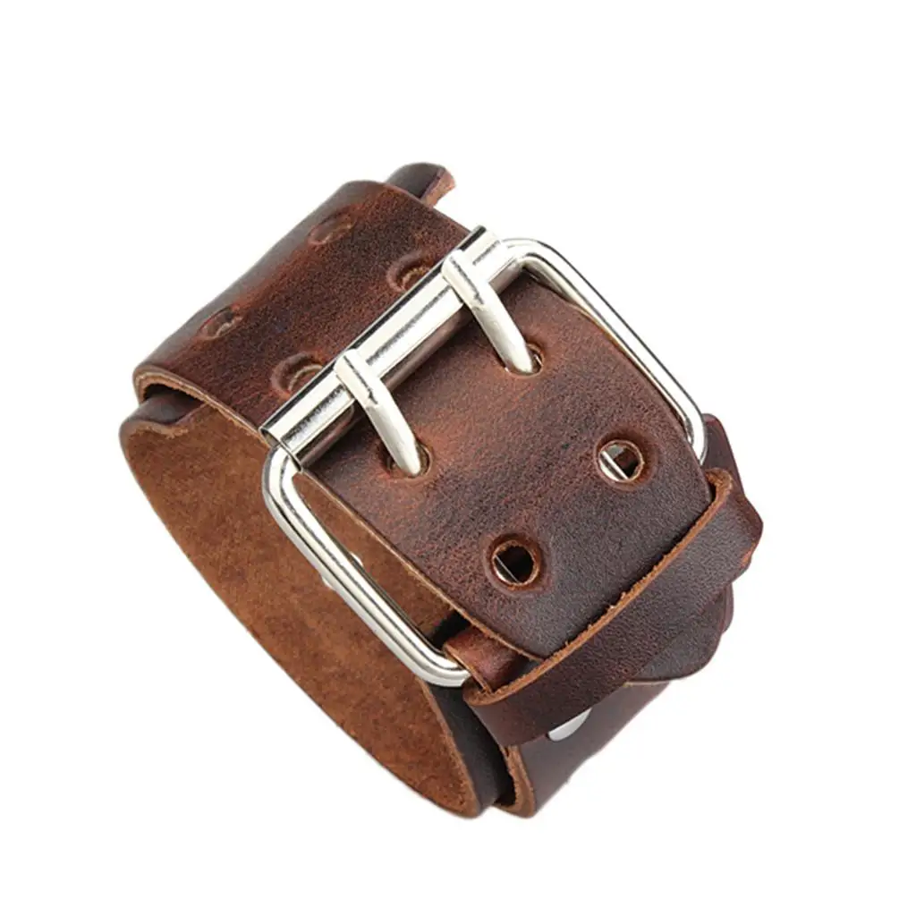 Men Cowboy Alloy Double Buckles Wide Adjustable Punk Large Leather Bracelet Cuff Bangle