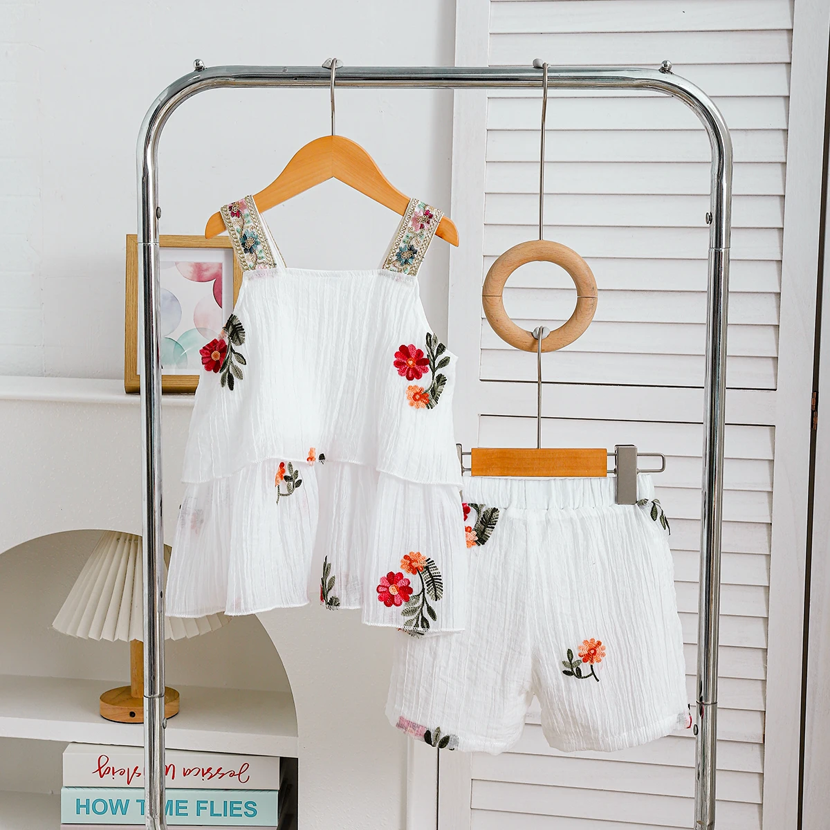 Girls Summer Fresh Set White Strap Embroidered Top + Shorts Children's Clothing Kids' Outfits