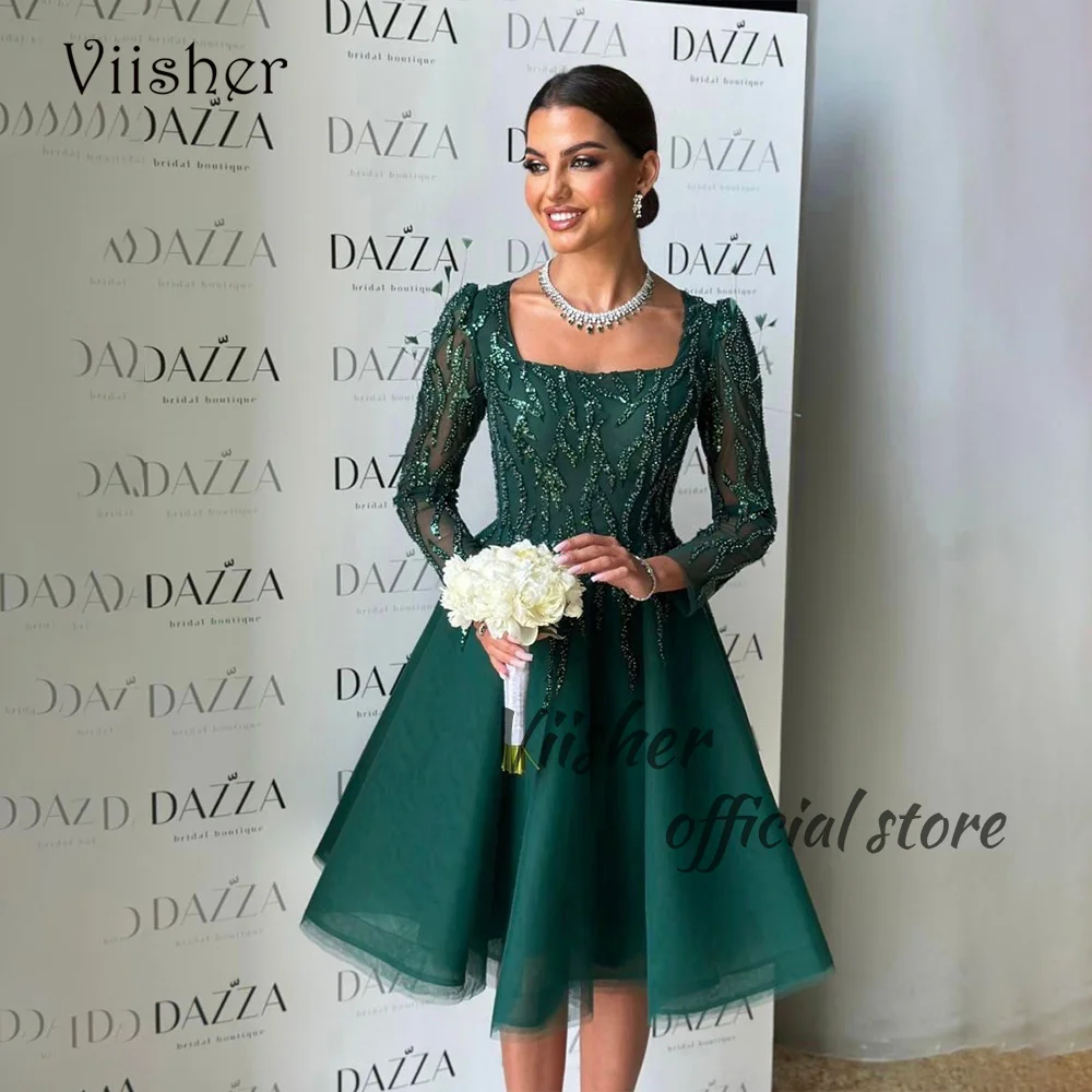 

Viisher Green Short Evening Dresses Long Sleeve Square Neck Beads Luxury Prom Party Dress Arabic Dubai Formal Evening Gown