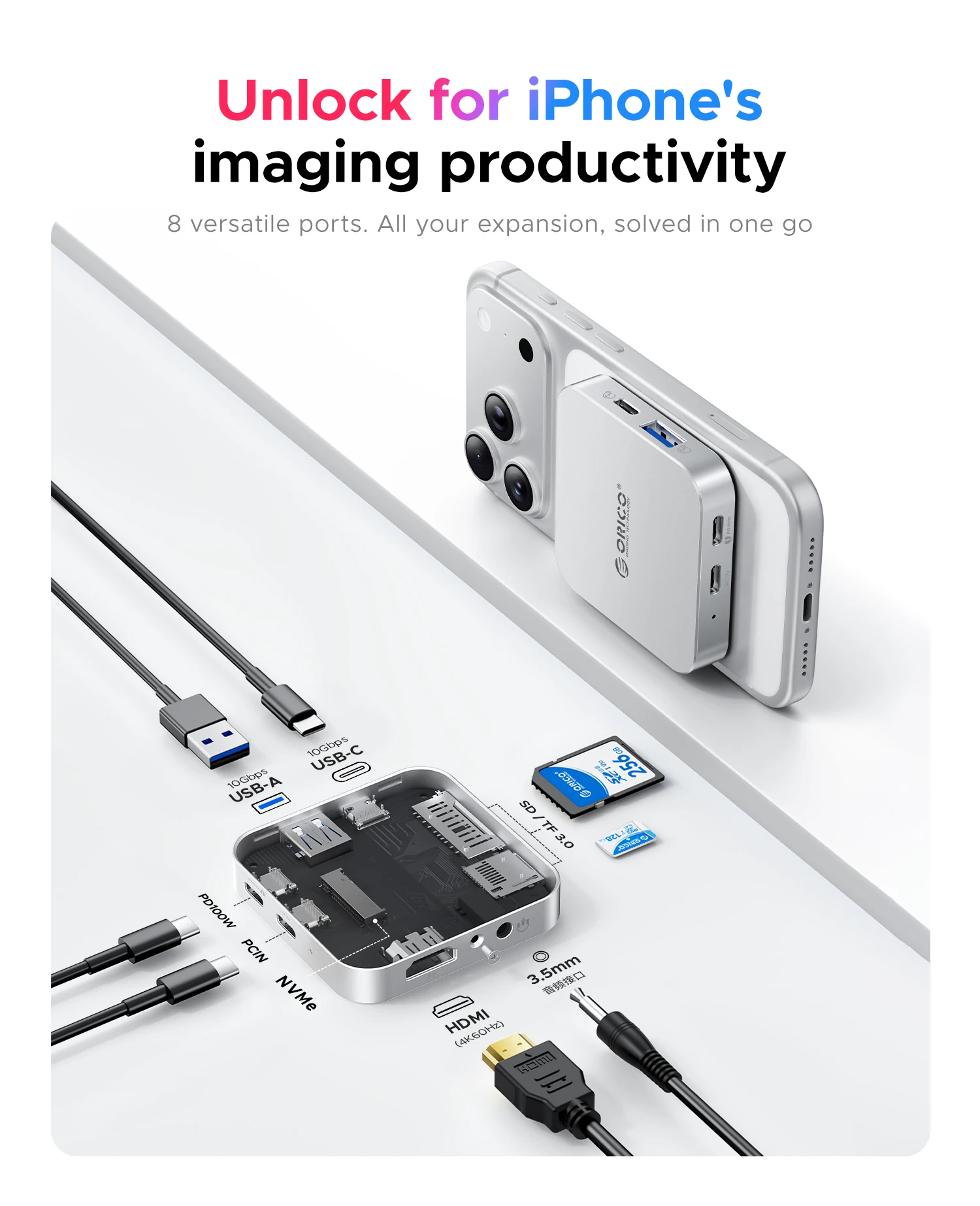 오리코 마그네틱 M.2 2230 NVMe SSD 외장 케이스 10Gbps USB C 도킹 스테이션 (4K60Hz HDMI-COM, SD/TF 카드 슬롯, 아이폰…