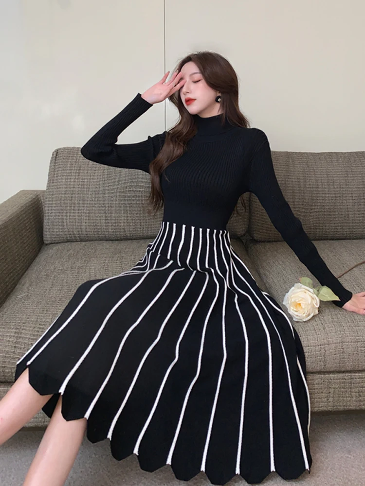 2022 New Autumn Winter High Collar Thickening Women Long Dress Bottoming Sweater Skirt Fashion Striped Pleated Knitted Dresses