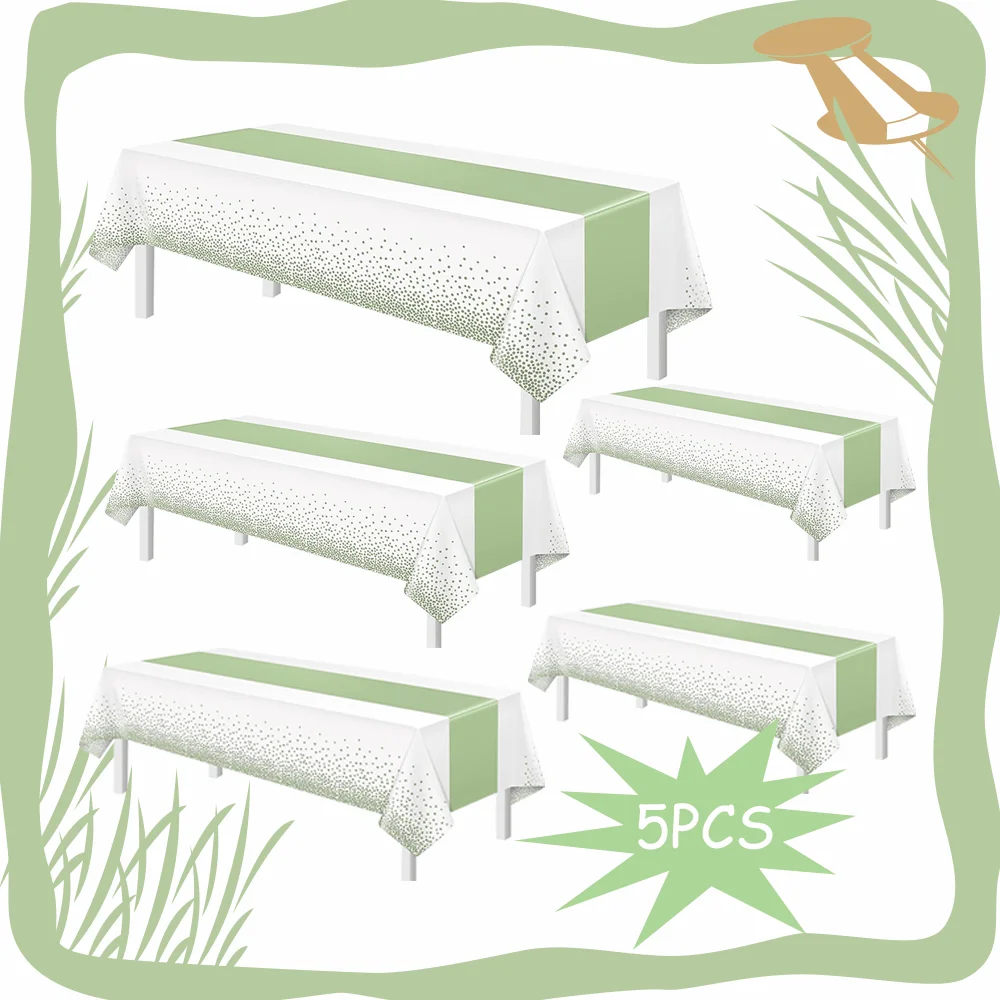 1/2/3/5pcs White and Green Tablecloth- Disposable Plastic Table Cover Suitable for Birthday,Graduation Party Decorations