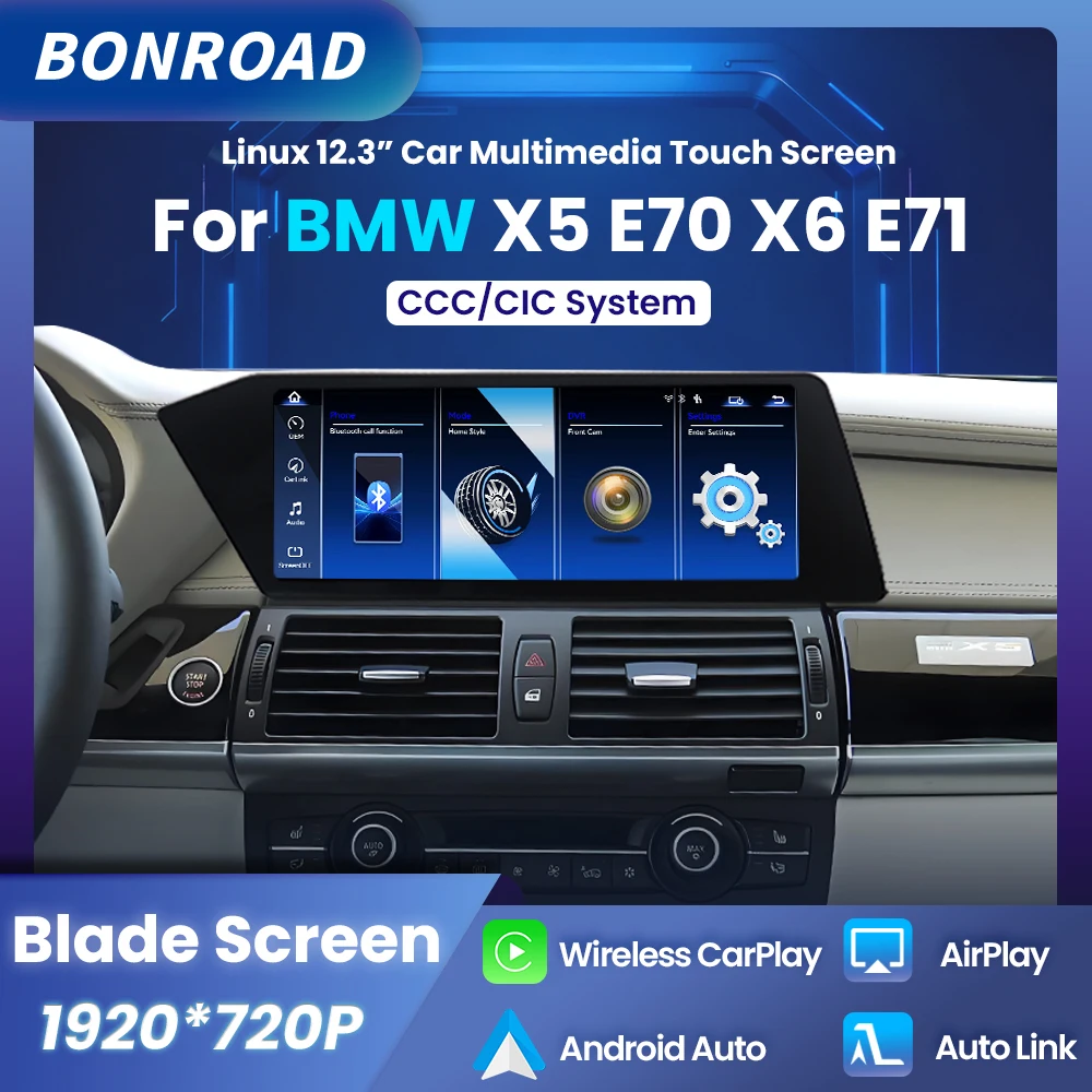 Reproductor Multimedia para coche BONROAD de 12,3 pulgadas, inalámbrico, CarPlay, Radio con pantalla táctil, Android Auto para BMW X5 E70 X6 E71 2007-2013, sistema CCC/CIC, pantalla de navegación GPS 1