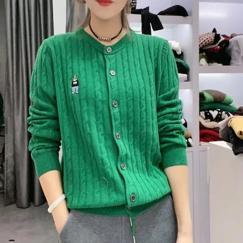 Fashion and leisure bear embroidery cashmere knit cardigan women autumn winter round collar loose sweater versatile wool coat