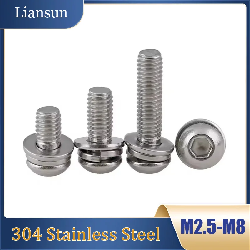 

10-50pcs Hexagon Socket Round Head Spring With Pad Combination Screws M2.5 M3 M4 M5 M6 M8 304 Stainless Steel Length 5mm To 50mm