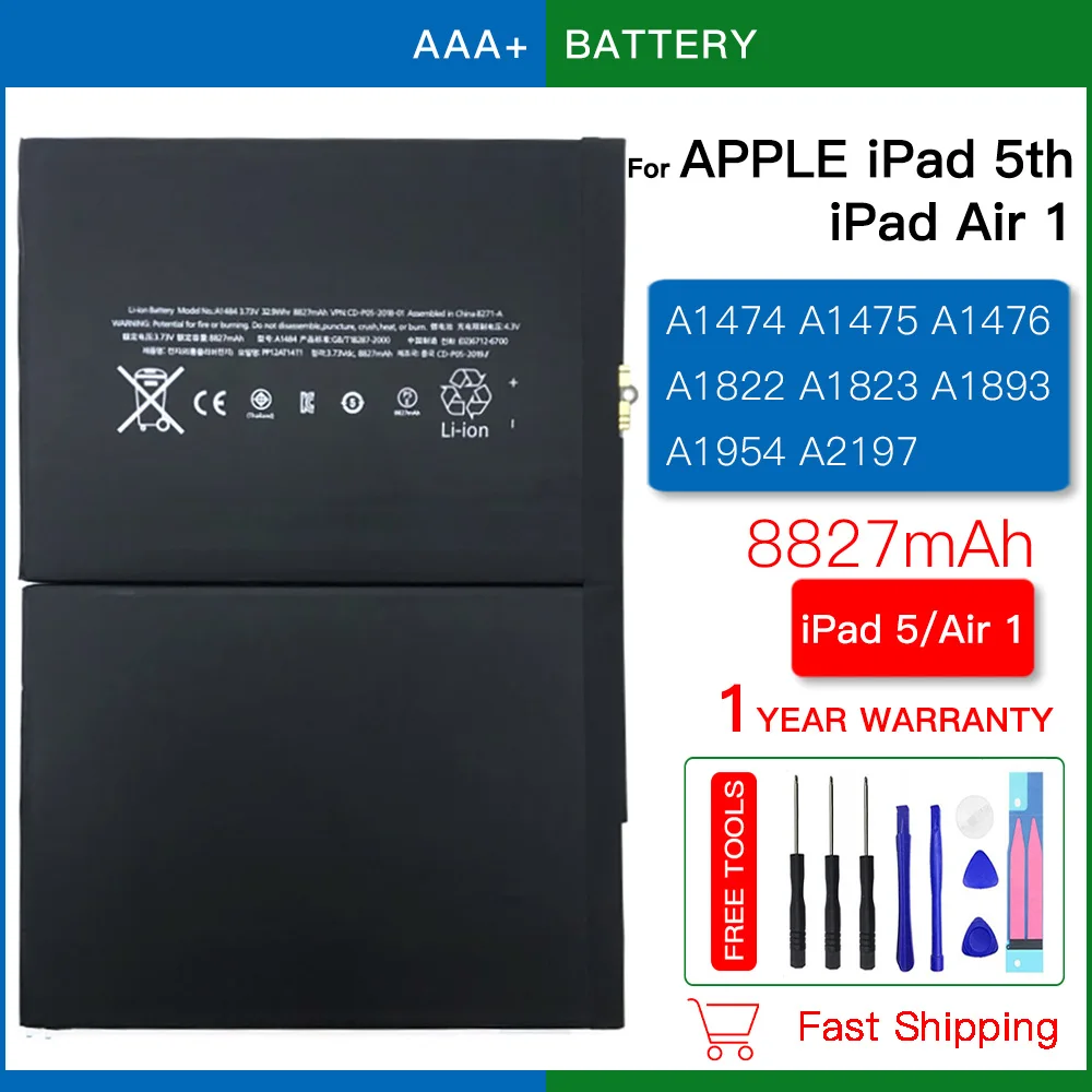 Genuine 8827mAh Original Tablet Battery For iPad 5 5th iPad Air1 A1474 A1475 A1484 A1485 A1893 A1954 A2197 High Capacity Battery