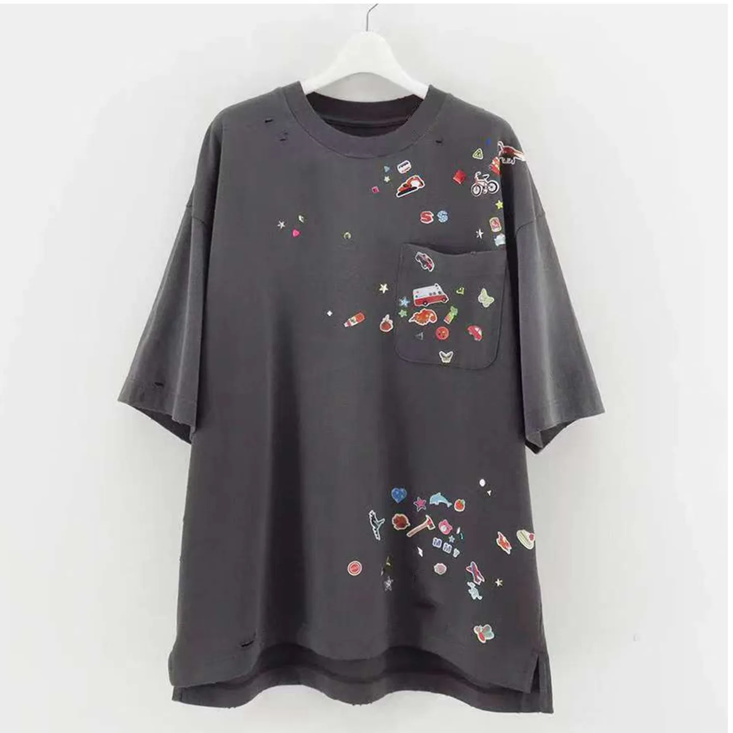 

26SS MMY Japanese-style MIHARA T-Shirts Washed Vintage Loose Fit Sticker Fun Print Damaged Style Trendy Short Sleeve Tees