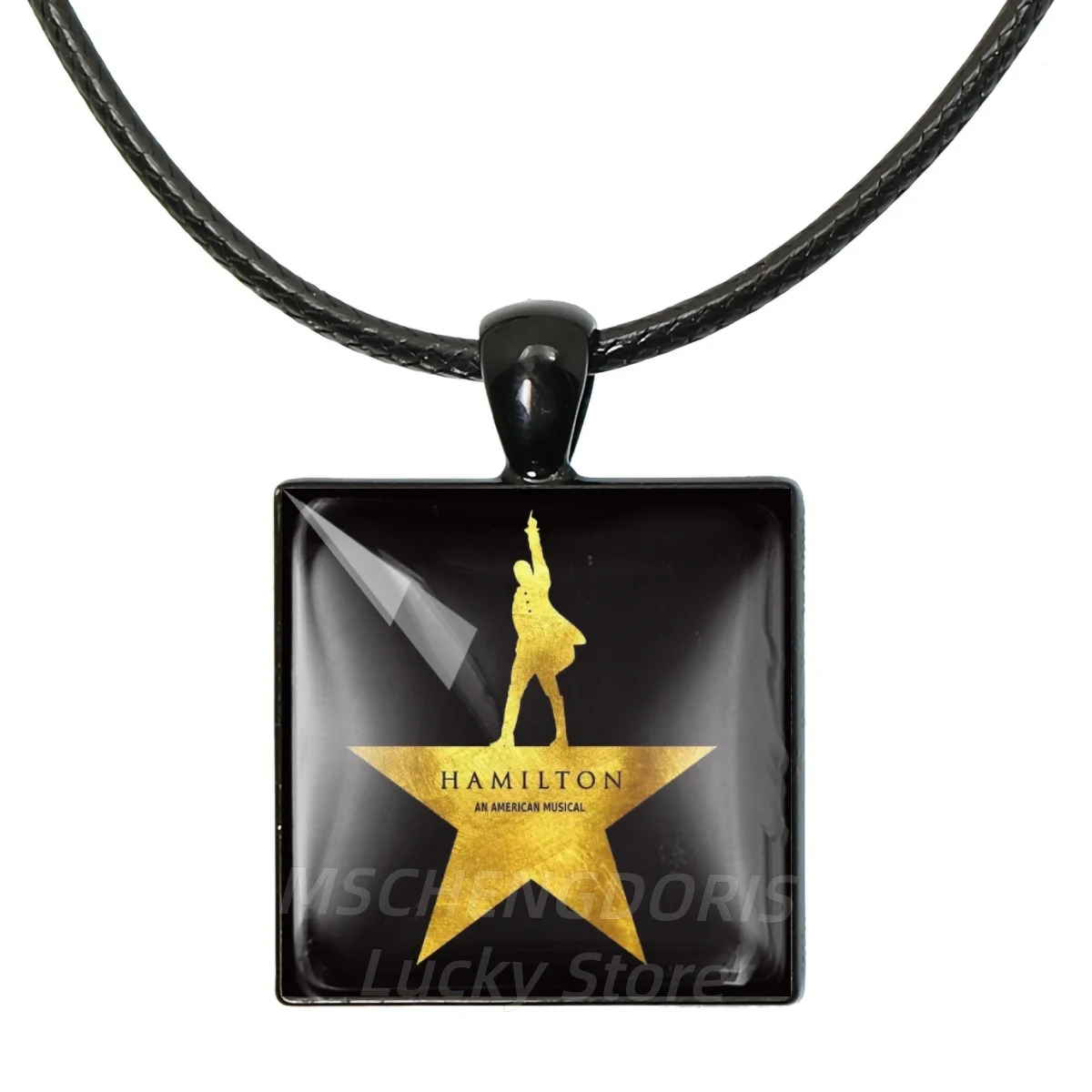 American Musical H-Hamilton Necklace Glass Cabochon Square Pendant Necklace Black Rope Chain Jewelry Charm Accessorie Gift MS042