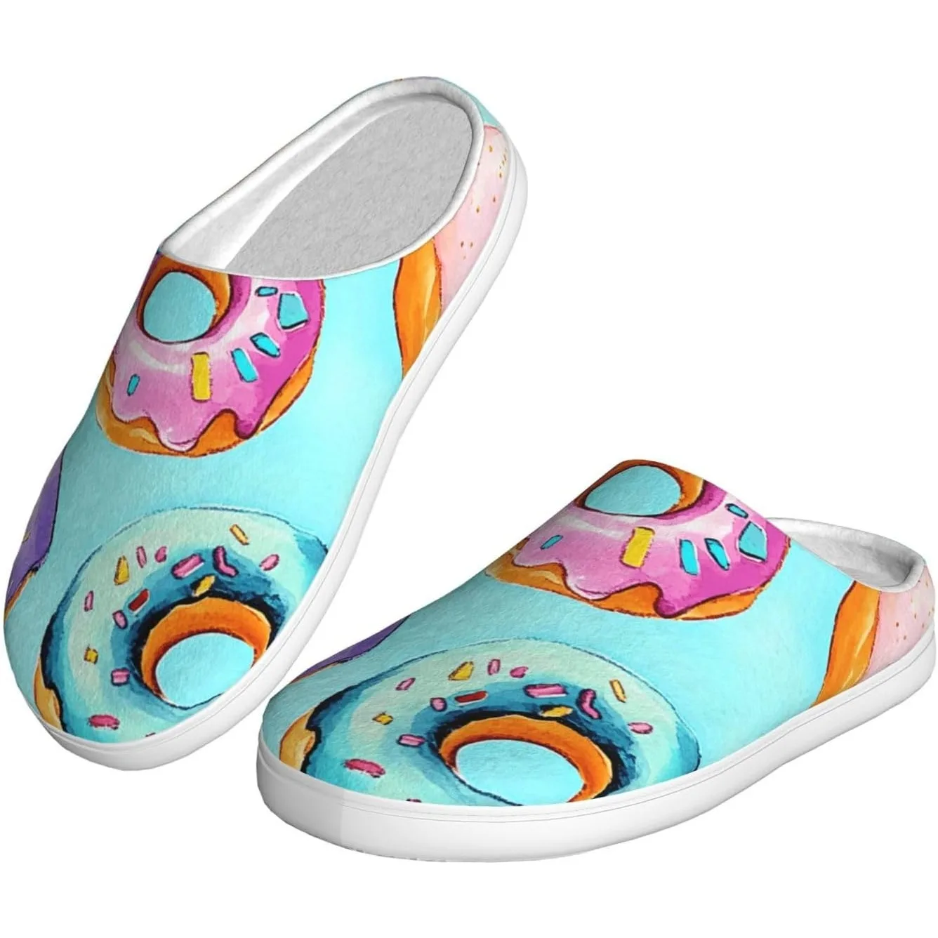 Zapatillas acogedoras para mujer con donut azul, rosa y blanco, zapatillas de casa de interior y exterior de algodón suave con suela antideslizante
