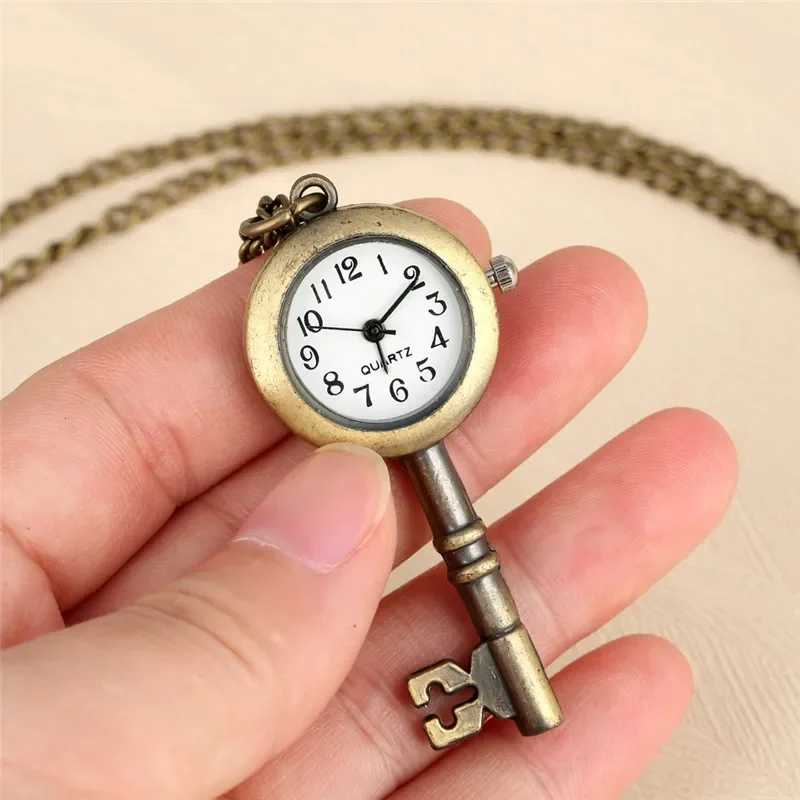 

Unique Key Shape Pocket Watch with Bronze Necklace Chain Mini Size Quartz Movement Arabic Numeral Display Clock for Men Women