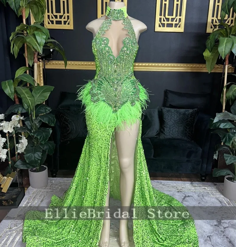 Especial Morden Halter cuello en V sirena vestidos De fiesta pluma lentejuelas cristal Vestido De graduación vestidos De noche personalizado Vestido De fiesta