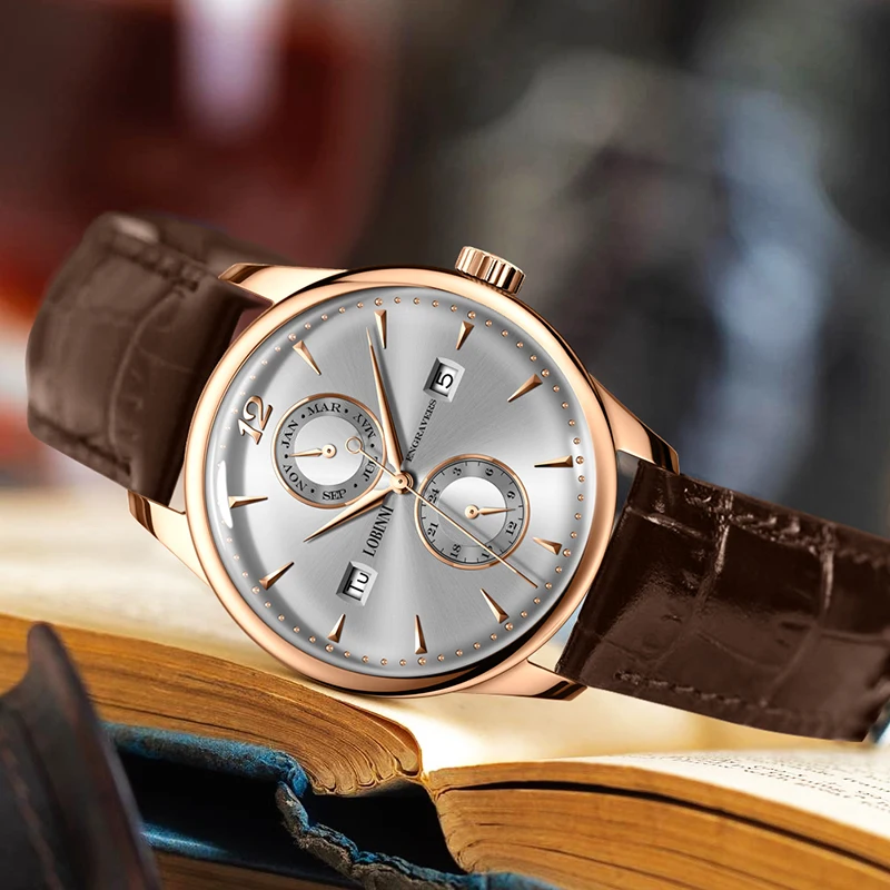 LOBINNI 18003 ساعة ميكانيكية للرجال 40 مللي متر النورس حركة أوتوماتيكية الياقوت كريستال زجاج 50 متر مقاومة للماء ساعات رجالية