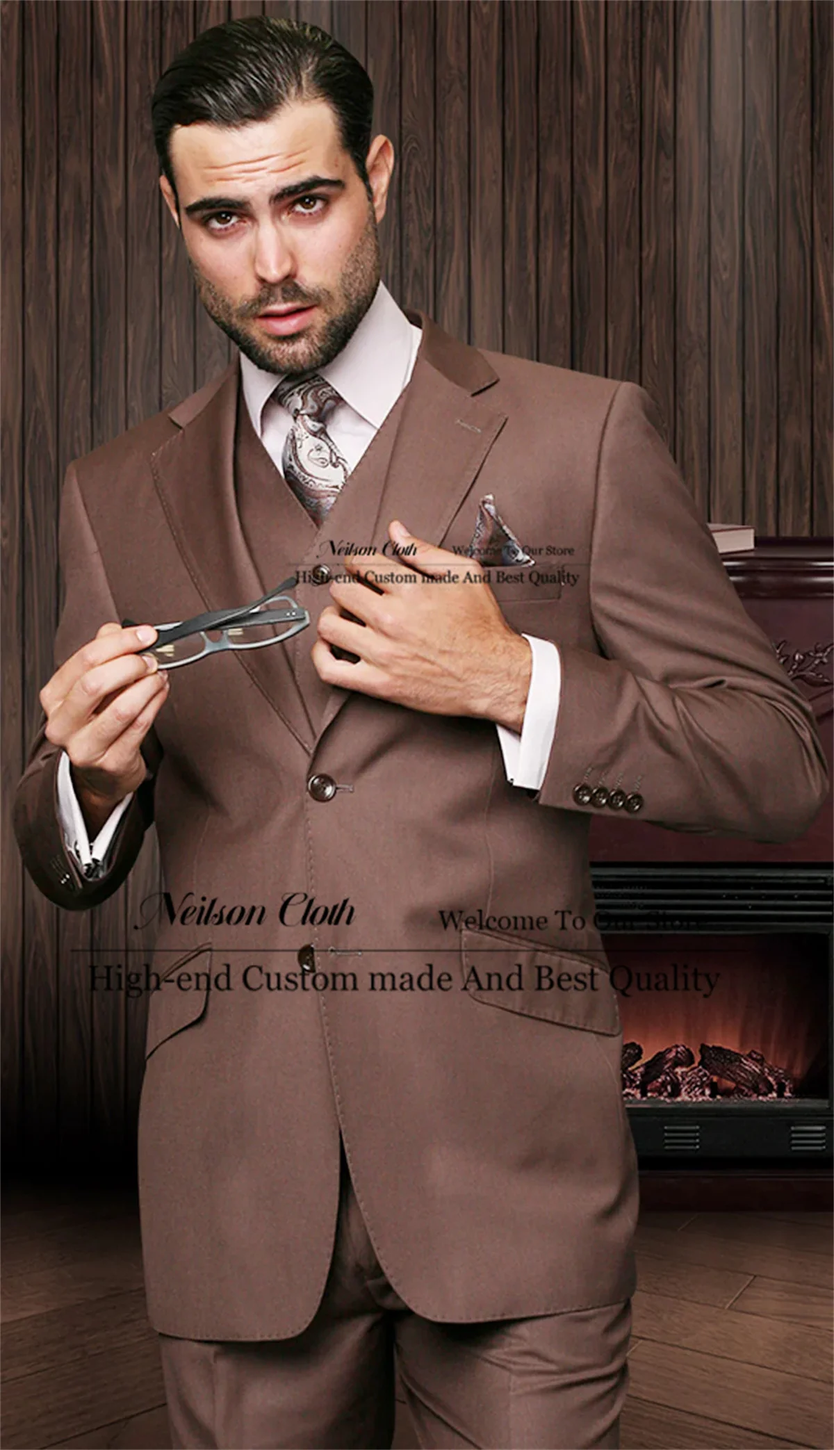 

Brown Single Breasted Male Prom Blazers 3 Pcs Sets Groom Wedding Tuxedos For Men Business Customized Notched Lapel Costume Homme