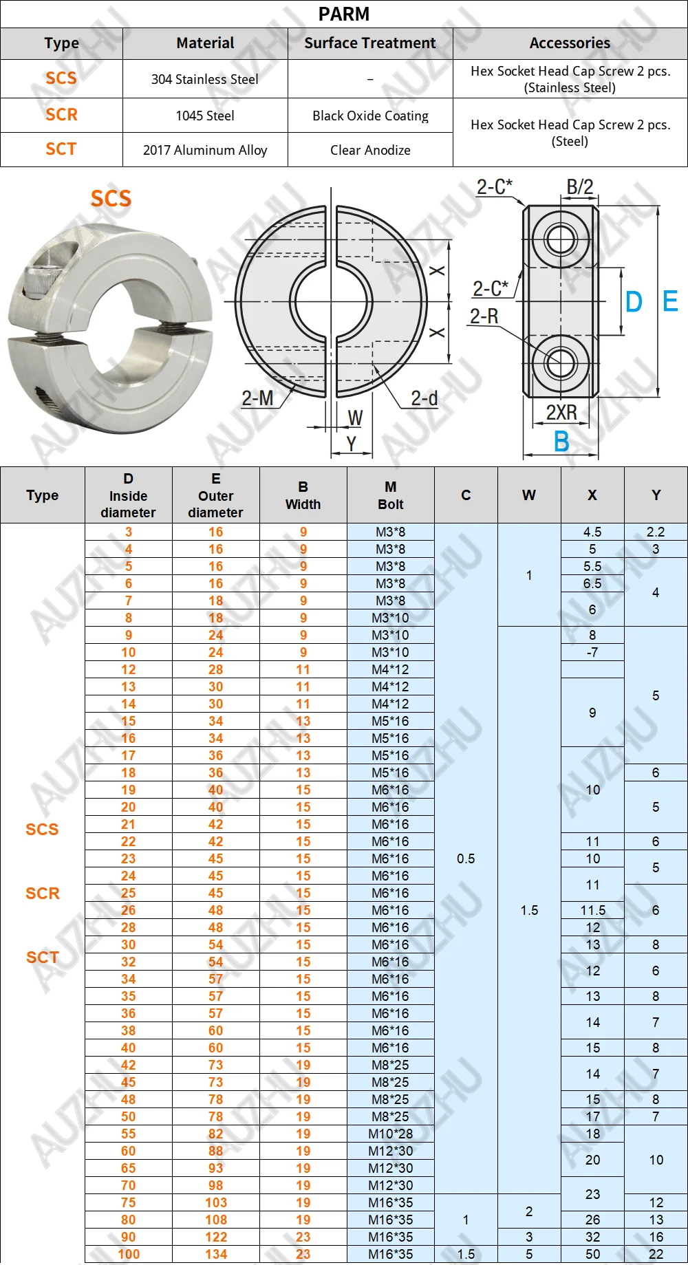 AUZHU SCS - Stainless steel Shaft Collars Split Fixing ring Screwed retaining ring Locating ring Fastener Throat clamp