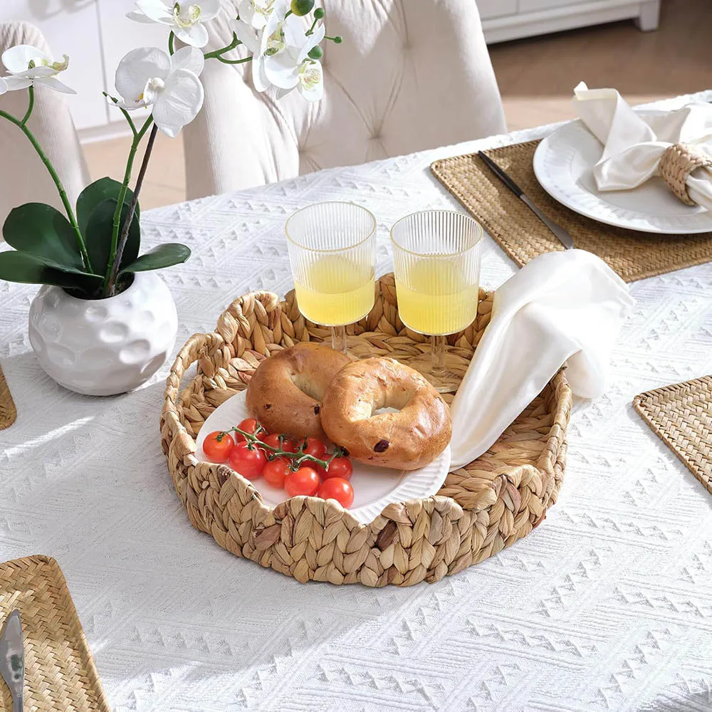 Round Scalloped Serving Tray,Decorative Water Hyacinth Scalloped Basket,Round Ottoman Trays for Coffee Table,Kitchen,Living Room