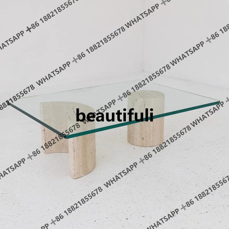 

Natural travertine coffee table designer light luxury living room coffee table creative glass tea table