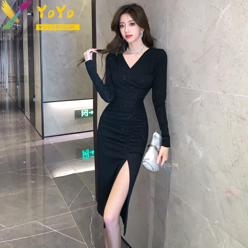 Black Sequin Long Sleeve V-neck Front Slit Dresses Women 2023 Autumn Fashion Elegant Slim Bodycon Nightclub Party Dress