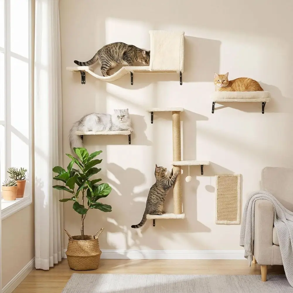 

Настенная мебель для кошек 5-в-1: компактные полки для игр и отдыха домашних кошек - бежевый цвет