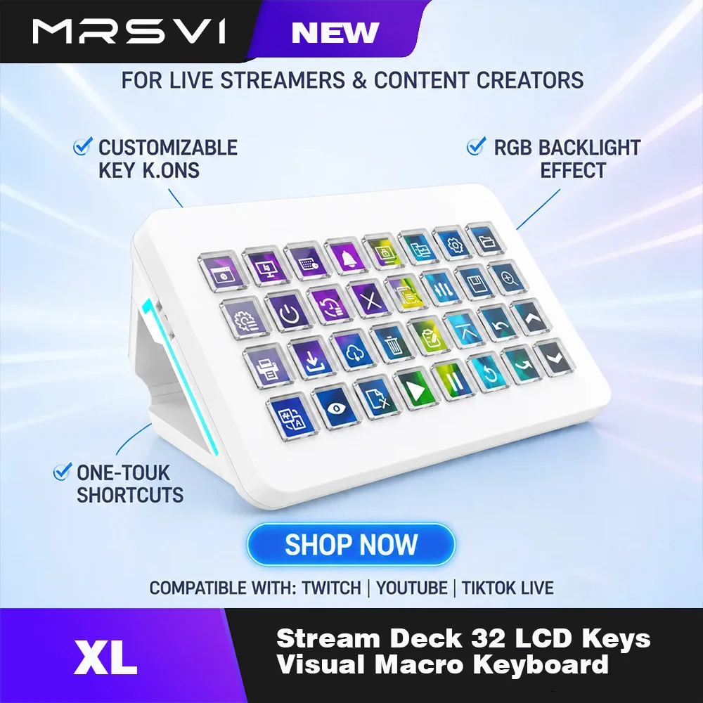 MRSVI XL Stream Deck 32 LCD Keys Programmable Macro Keyboard – Customizable Hotkeys for OBS, Gaming & Streaming