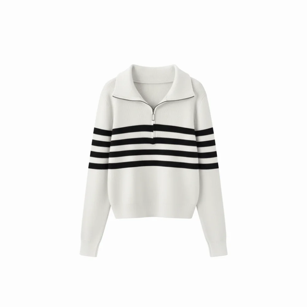 

Simple Long Sleeve Knit Stripe Sweater Zipper Autumn Winter Knitted Crop Top Soft Slim Fit Sweet Girl's Pullover Autumn Spring
