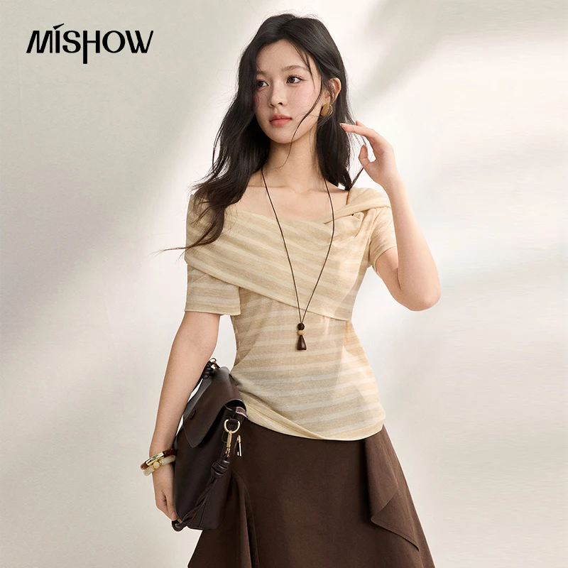 

MISHOW Women Striped Knit Off Shoulder T-shirt Asymmetrical Neck Short Sleeve Slim Fit Summer Top with Free Necklace MXF22Z3072