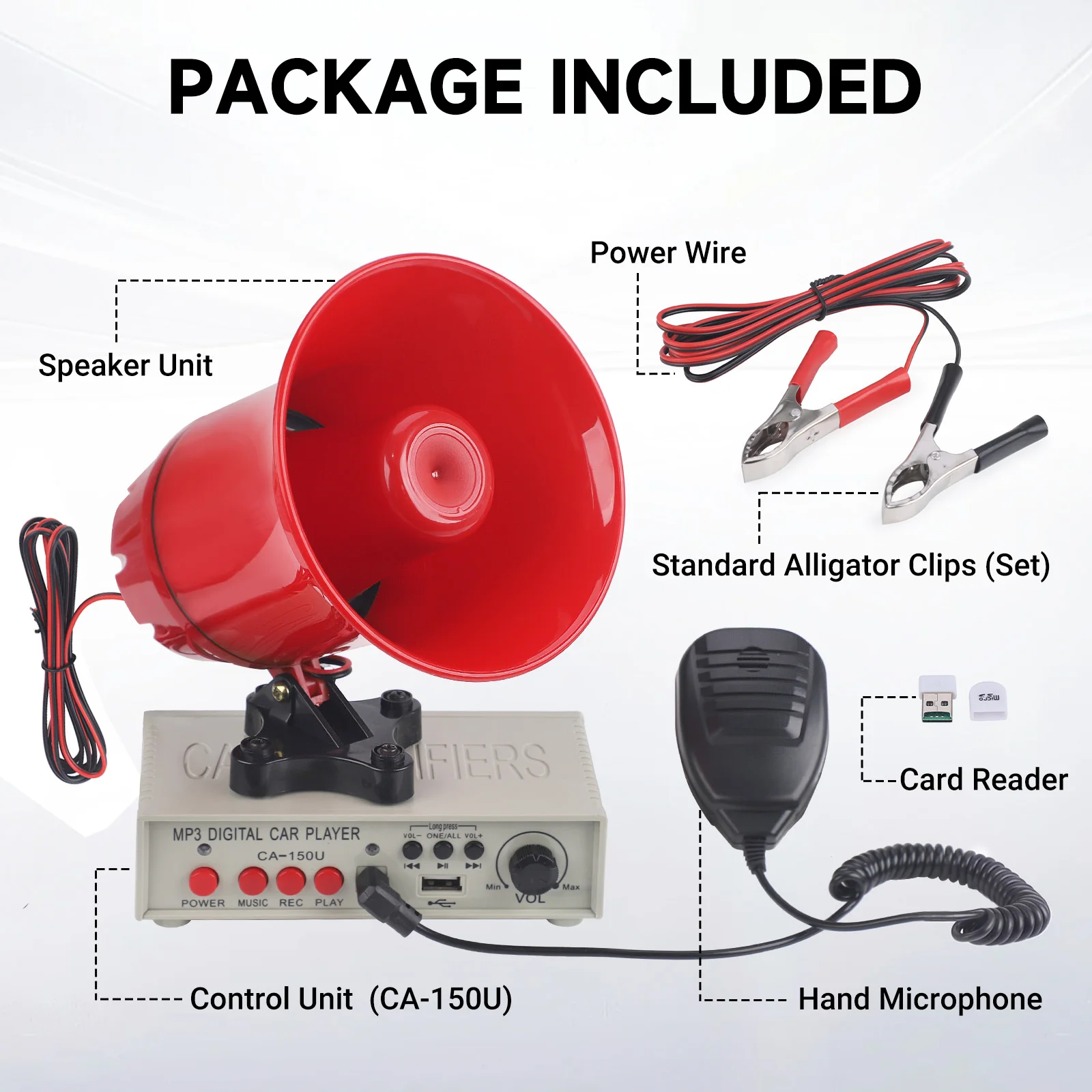 Anpassbare Autoalarmanlage mit Sirene 12V-24V DC 130dB Hupe mit Verstärker, MIC-System, MP3-Player und TF-Kartenleser – Detail 5