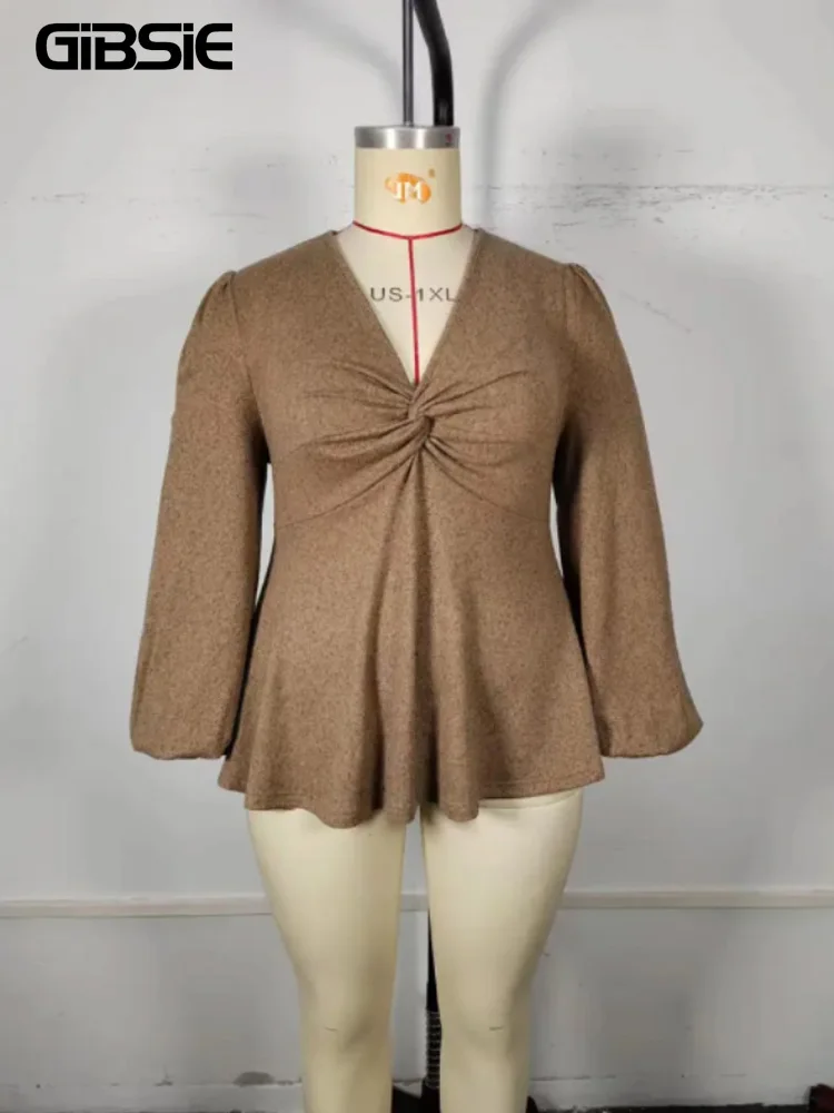 GIBSIE-Blusa informal con cuello en V y Peplum para mujer, Túnica de manga farol completa, Estilo Vintage, a la moda, talla grande, Otoño, 2023