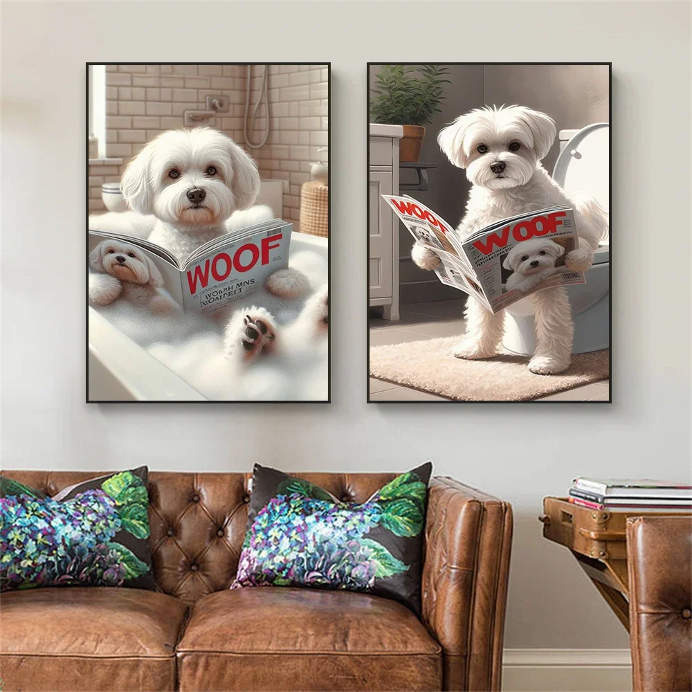 Affiche murale amusante pour salle de bain, motif chien maltais aux toilettes, impression diamant HD, décoration pour la maison, la salle de bain des enfants, la chambre