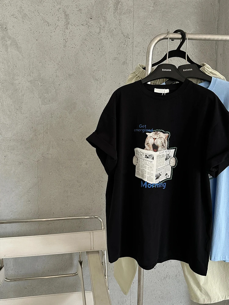 Loose American Sle  Newspaper Print Summer T-irt Women's Faion Casual round Ne ort Sve Top Dongda Gate 2025