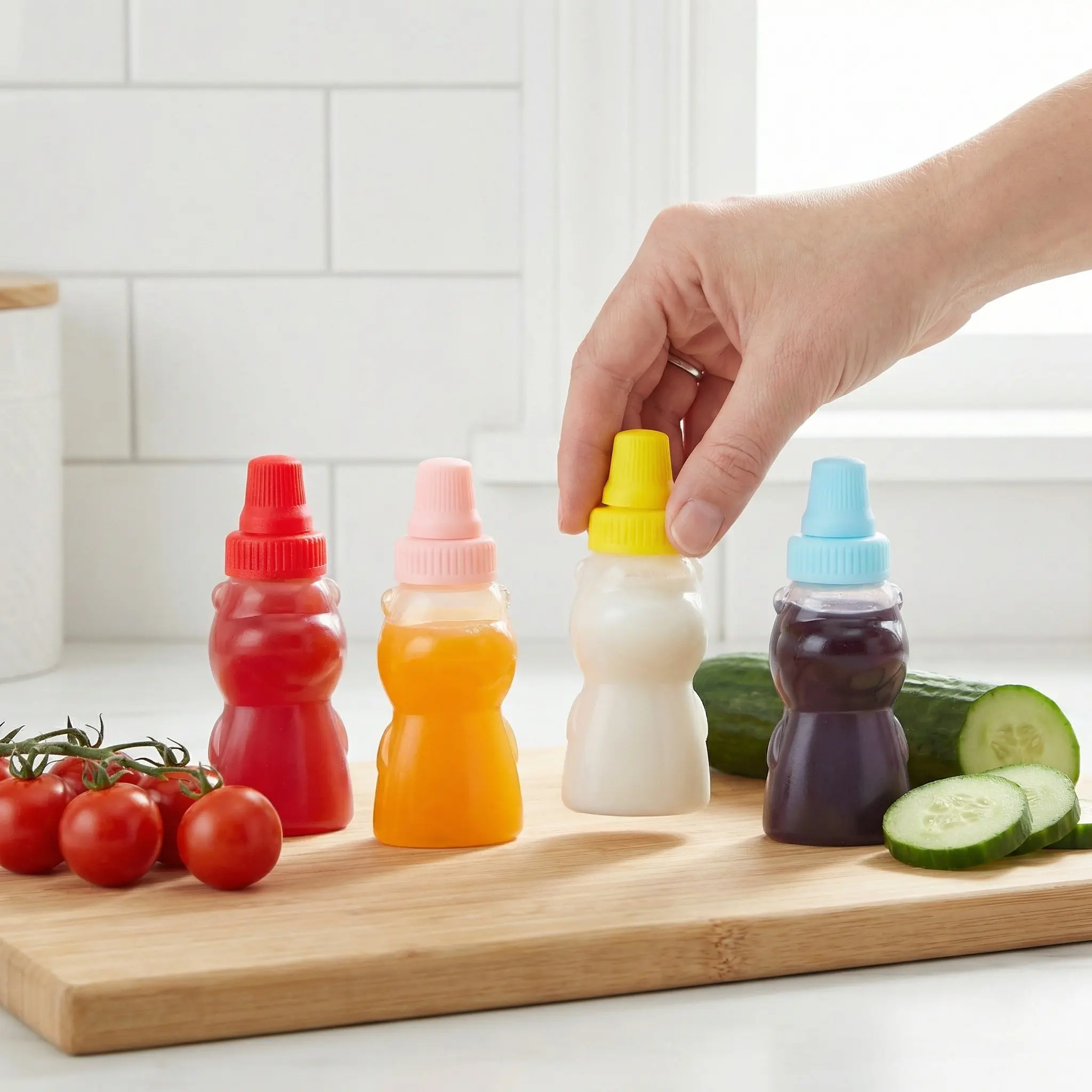 Juego de 8 Mini Botellas de Condimento con Forma de Oso, Frascos de Plástico Pequeños para Salsa de Tomate, Miel, Salsa de Soya, Aderezo para Ensaladas, para Viajes, Picnic y Cocina