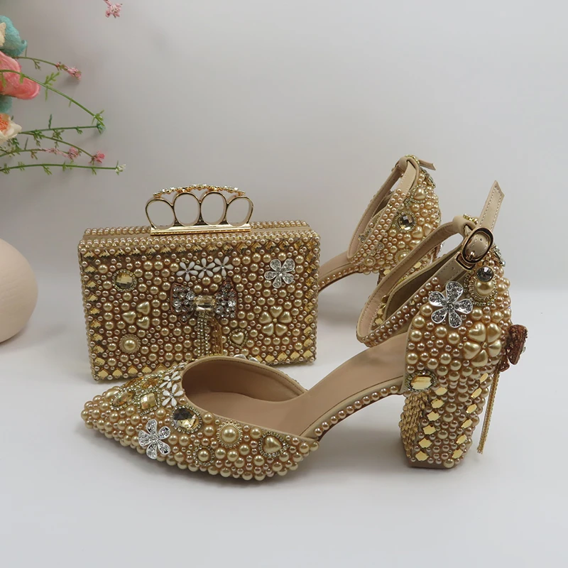 champagne Wedding Shoes and Bag Sandals Woman Thick heel  Tassel Crystal Party Dress Shoes Woman High Pumps Ivory Pearl Clutch