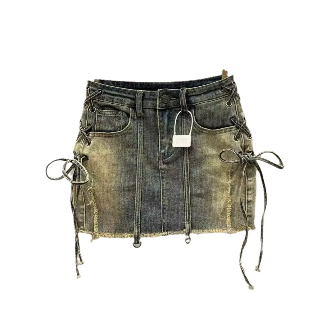 [ZOCI] Broken Hole Gradient Color Girl Denim Short Female Strap Design, Niche High Waist A-line Hip Hugging Skirt