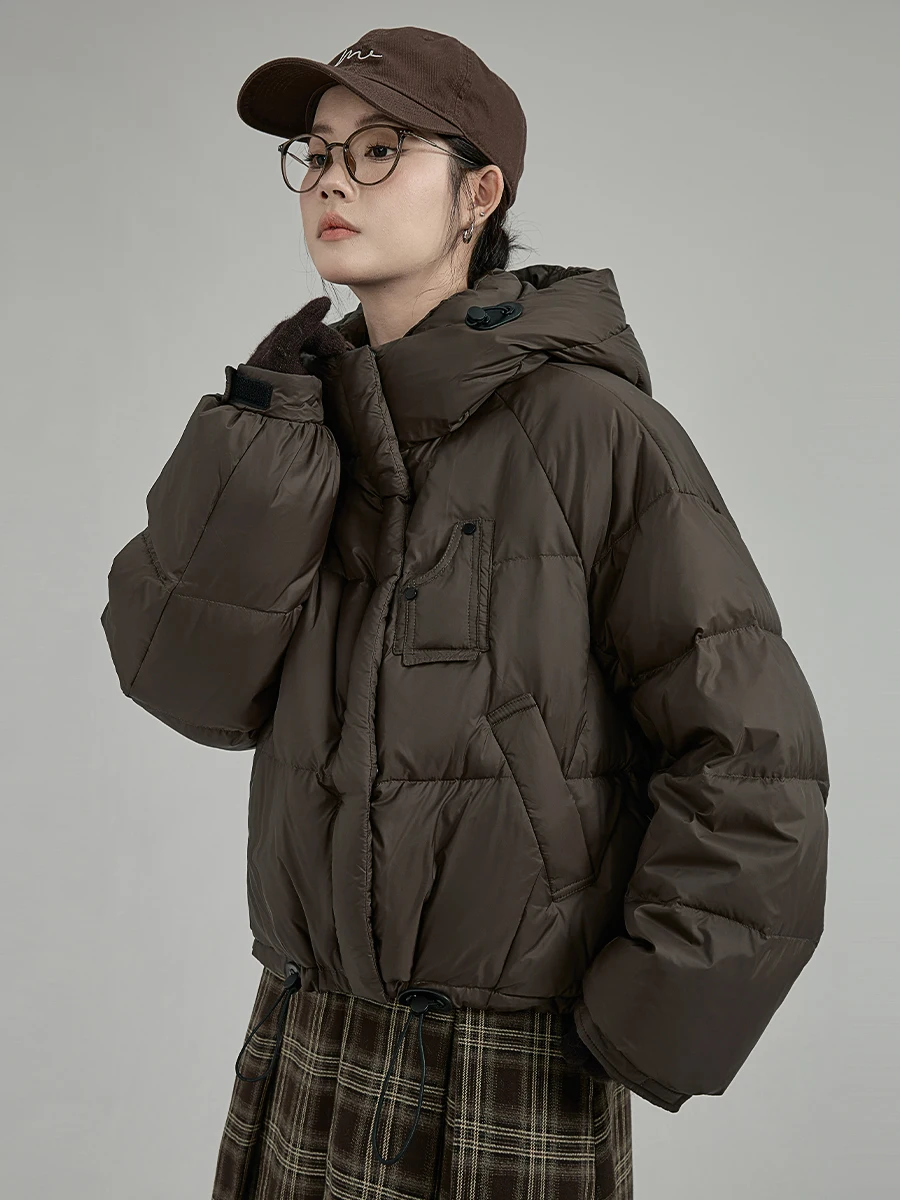 

Розовый пуховик с капюшоном, женская весенняя новинка в стиле ретро Ele, теплая верхняя одежда нестандартной формы, корейская одежда, белая наполнитель Du down