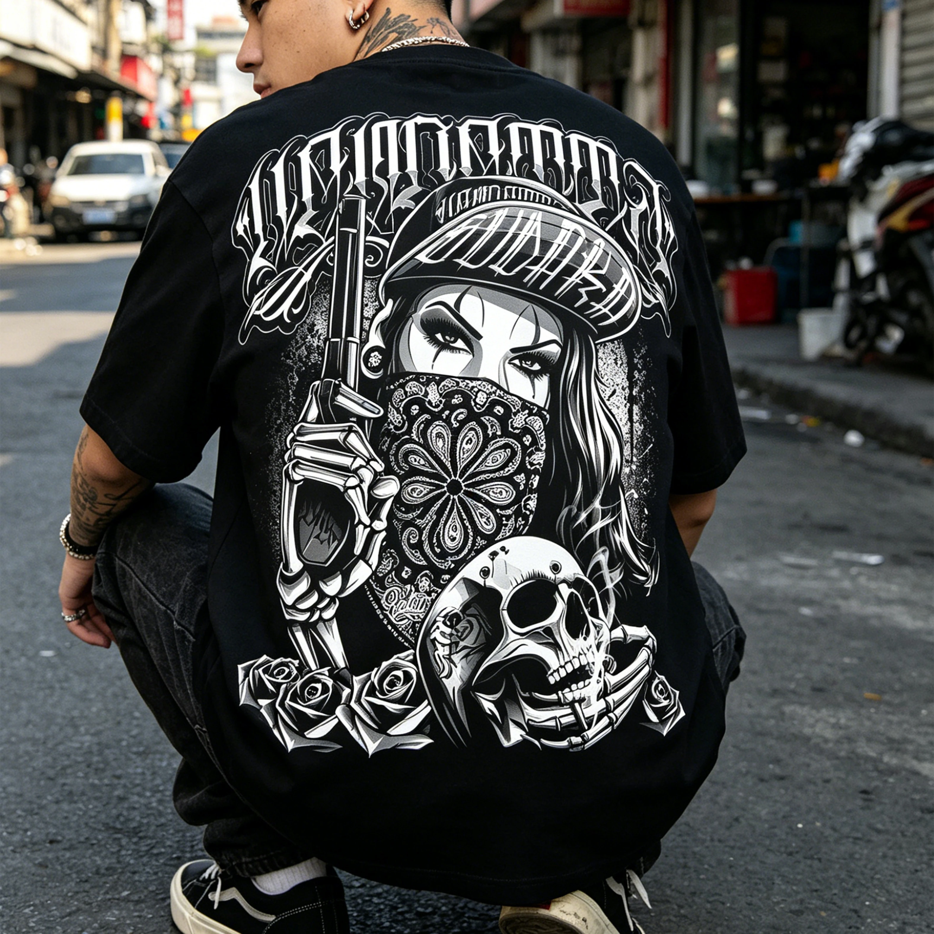 American West Coast Hip Hop Street Style Short Sleeve T-shirt Men Loose Heavy Cotton Skull Cotton Tattoo Artist