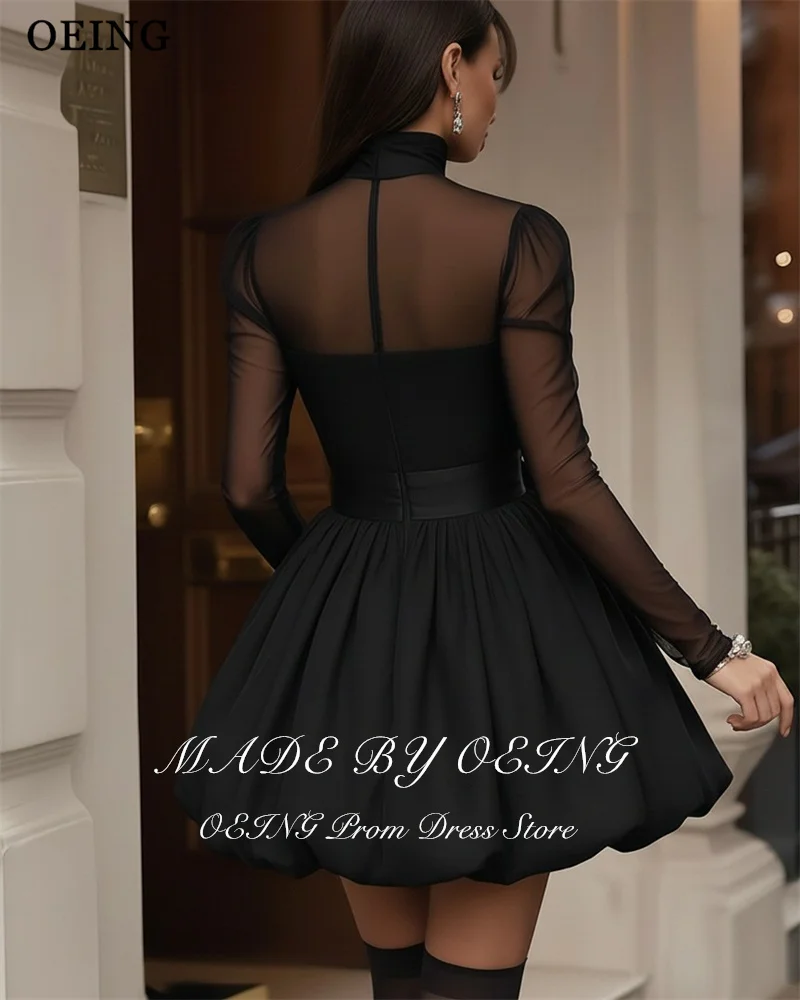 OEING シンプルな A ライン黒ウエディングドレスミニハイネックドレープイリュージョン誕生日パーティードレス花カクテルドレスカスタマイズ