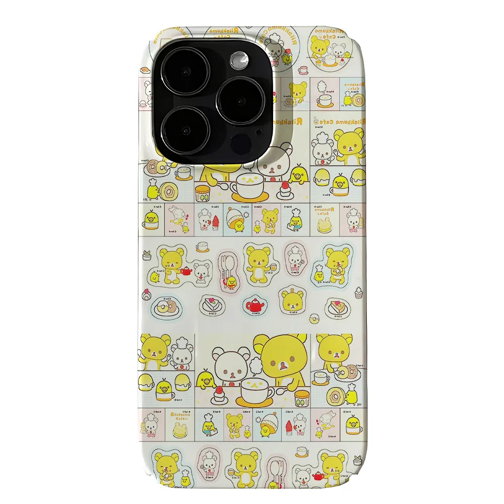 Cartoon Cute Rilakkumas custodia per telefono per iPhone 16 15 14 13 12 11 Pro Max XS XR XSMax 6 7 8 Plus Cover rigida lucida per PC HD