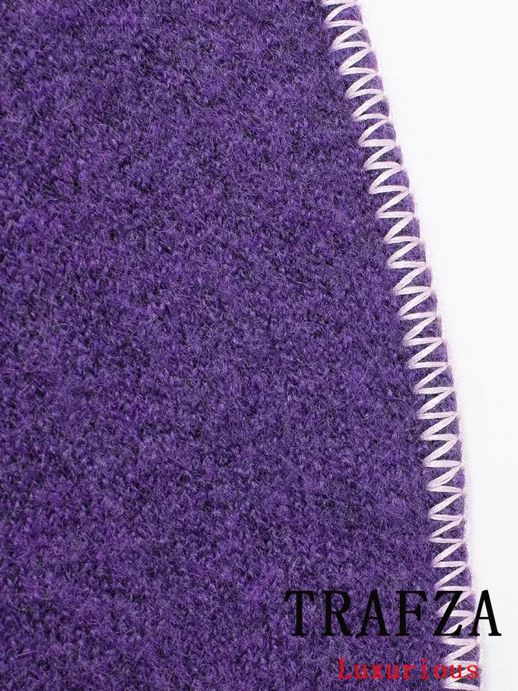 TRAFZA Vintage Casual Chic Women Sweater Purple Solid Stand-up Collar Single Breasted Knitted Fashion 2024 Autumn Winter Sweater