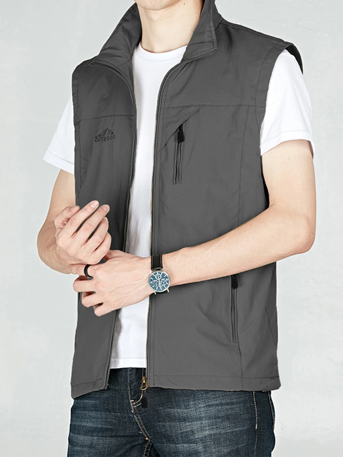 

Men's vest fashionable workwear suitable for wearing outside in spring and summer, polyester fiber sleeveless casual and capable