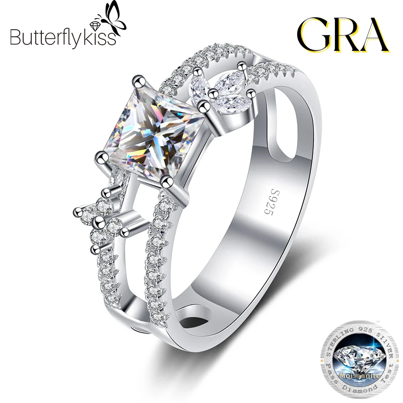 

Butterflykiss Four Claw D Color 1 Carat Princess Cut Moissanite Ring S925 Silver Plate Pt950 Platinum Jewelry For Women Wedding