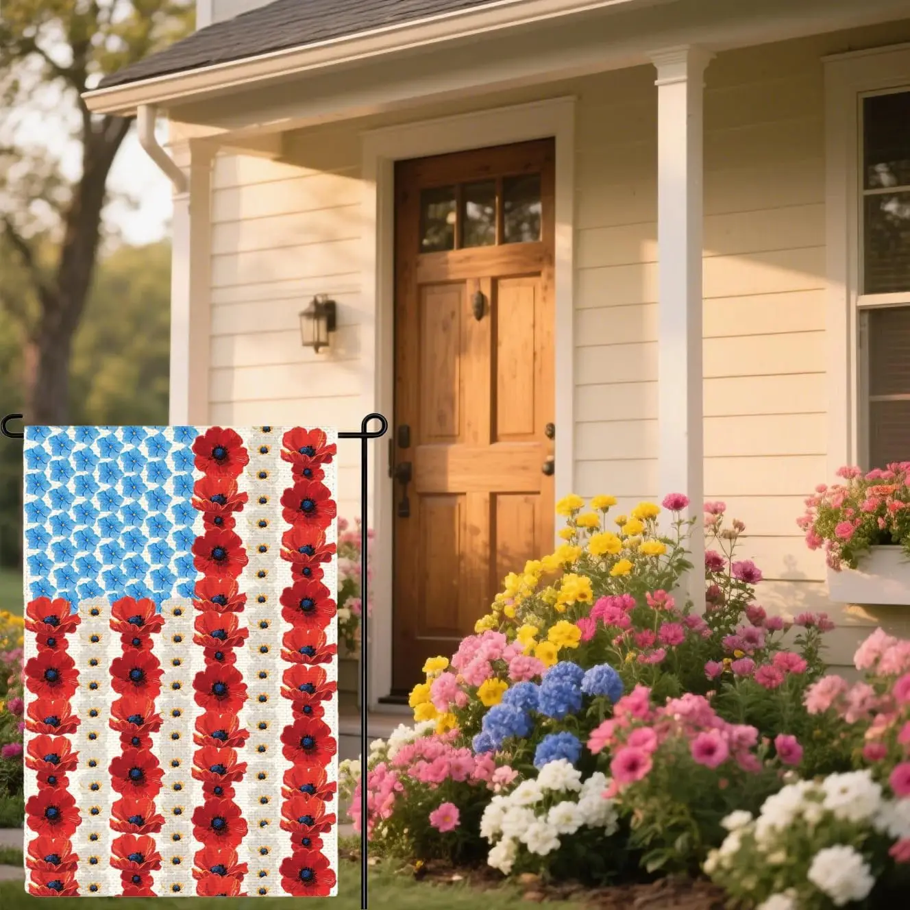 Patriotic Garden Flag 12 x 18 Inch Double Sided American Flag Design with Poppies and Myosotis,Memorial Day USA Garden Flag jjp