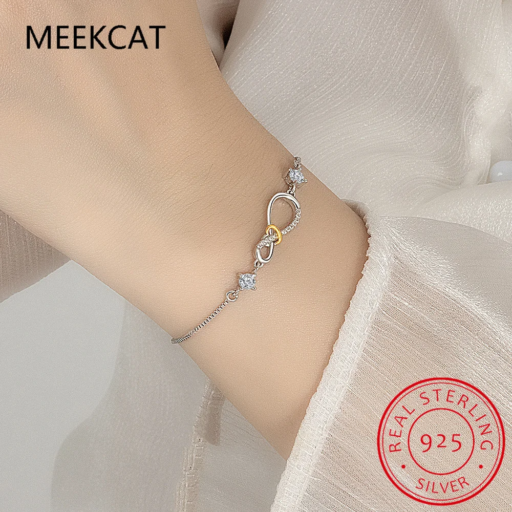 Romantic Golden Heart Bracelet 925 Sterling Silver Infinity Endless Love Symbol Adjustable Chain Bracelet For Women Fine Jewelry
