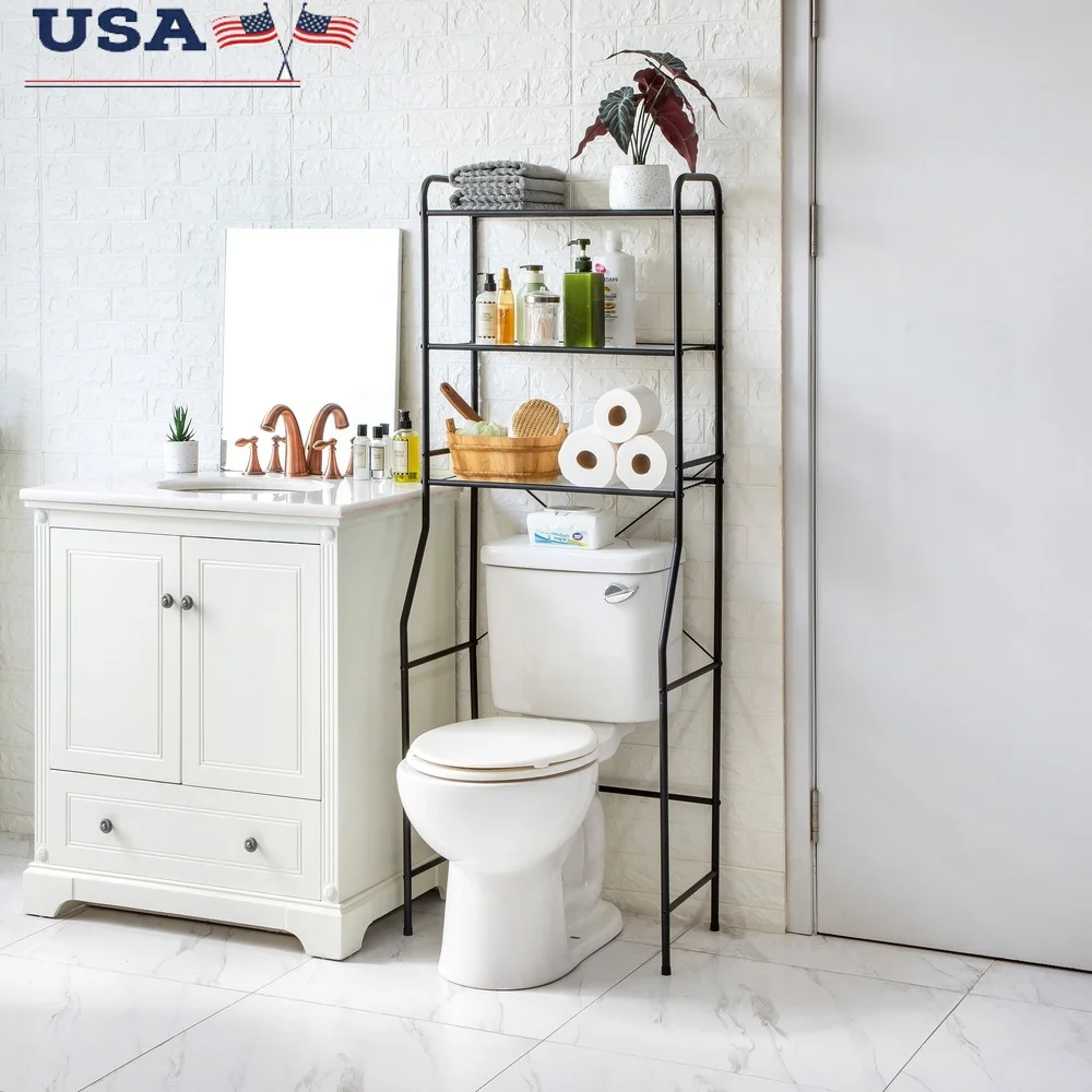 

Over Toilet Steel Storage Shelf Unit 3 Tier Space Saver Bathroom Organizer Matte Black Easy Assembly Adjustable Shelves