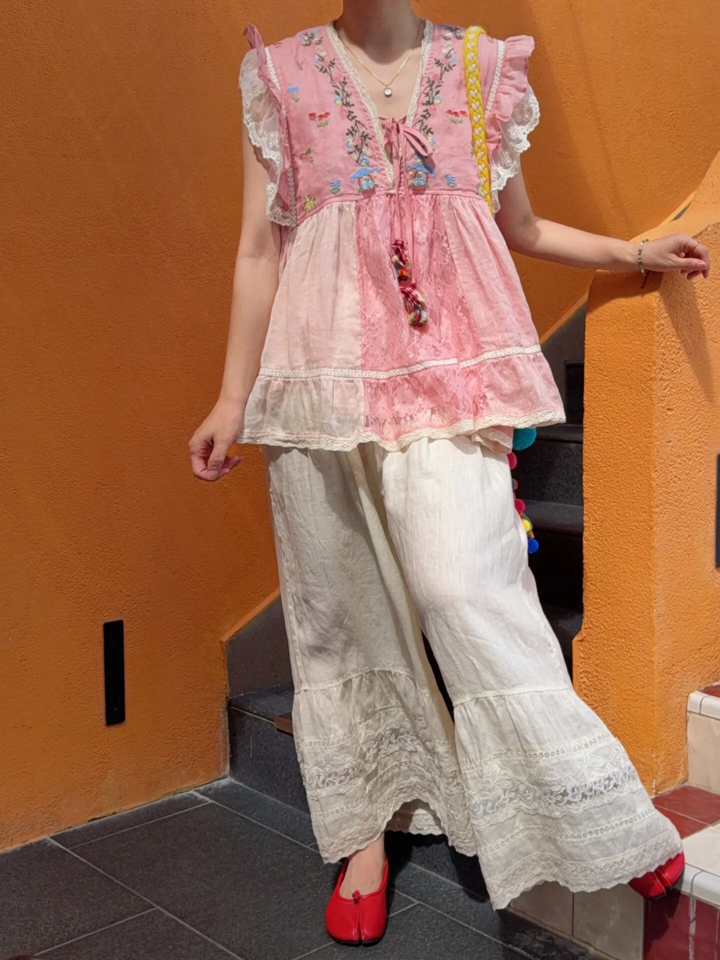 TIYIHAILEY Wide Leg Long Pants With Pockets Women Trousers Elastic Waist Casual Linen Embroidery Ladies Sequins Fashion