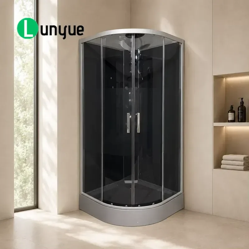 Four Quadrant Shower Enclosure with Chrome Frame and Long Black Tinted Glass Handle for Bathroom Space Saving Easy Assembly