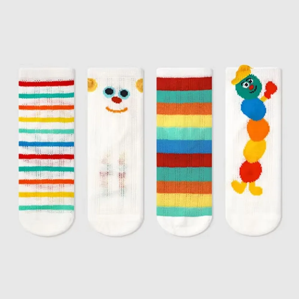 

4 Pairs Cartoon Ultra-Thin Kids Crew Socks Breathable Mesh Mid-Calf Socks Korean Style Rainbow Cotton Socks for Boys Girls