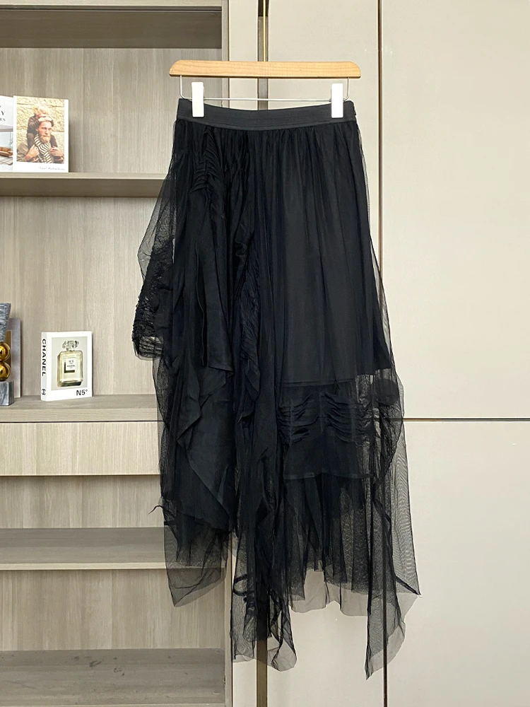 NEM Series 2026 Spring Dark Style Mesh Asymmetrical Semi-skirt Women's High Waist Polyester Fiber Casual A-Line Skirt