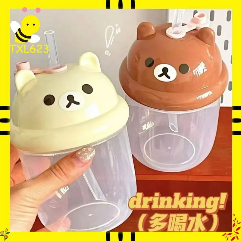 

Kawaii Rilakkuma Plastic Straw Cup 450ml Cute Portable Water Cup Student DIY Sticker Large Capacity Anti-Fall Milk Cup Kids Gift