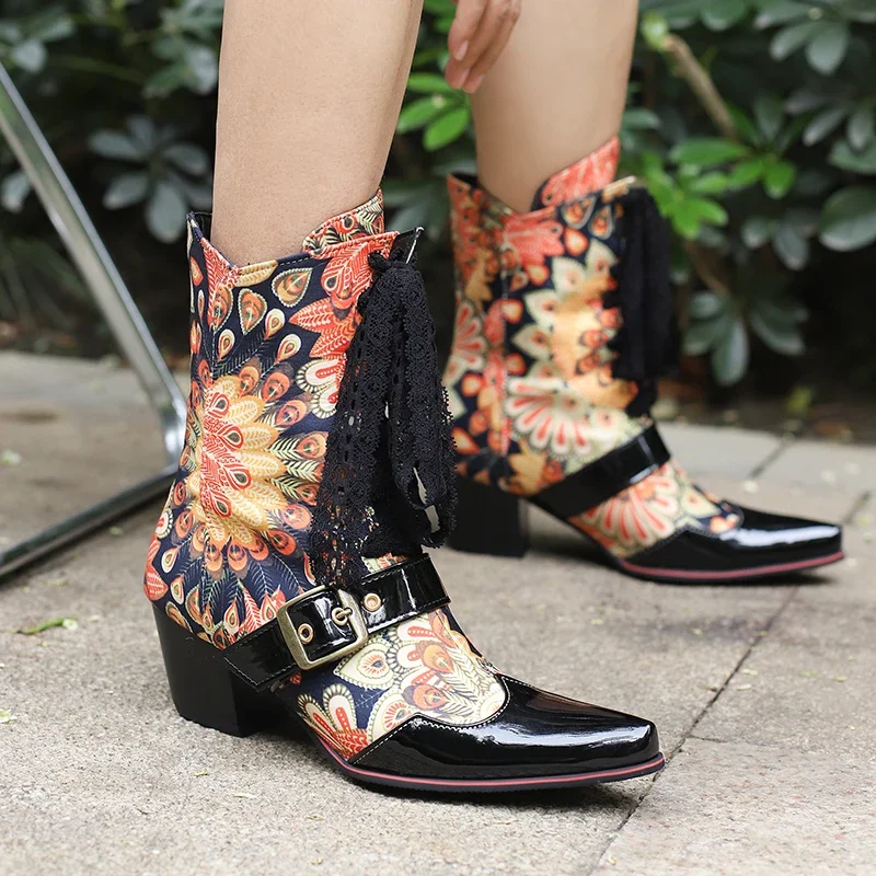 2024 new spring autumn women ankle boots plus size 22.5-28cm Printed flowers European and American style boots short boots