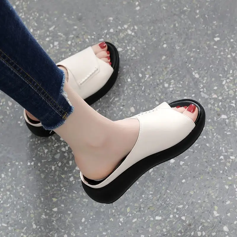 Women Fish Mouth Slippers Summer New Office Open Toe Wedge Heel Soft Leather Thick Sole Casual Women Outdoor Beach Slippers